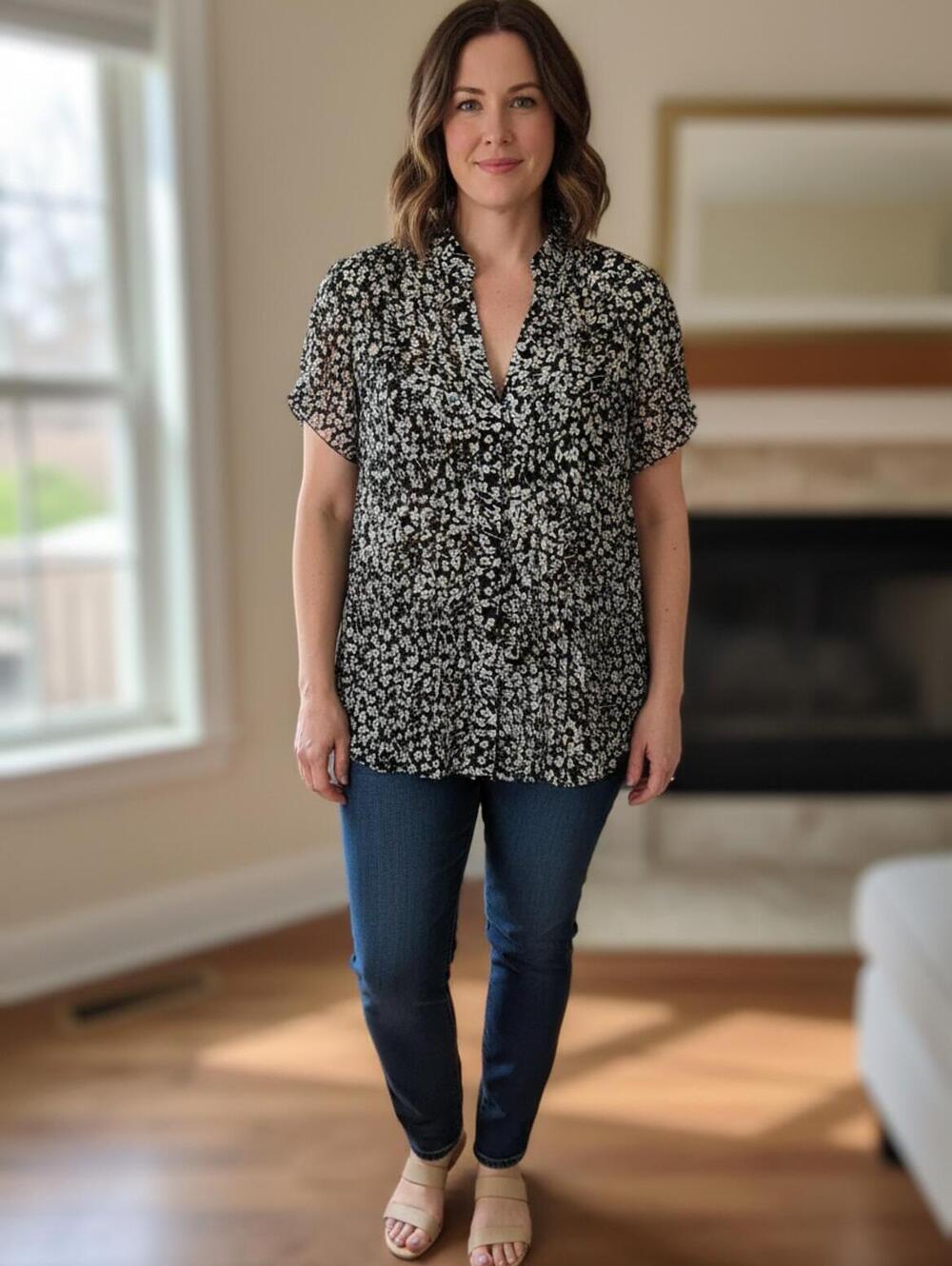 Notations Woman Black Floral Short Sleeve Blouse Size 1X